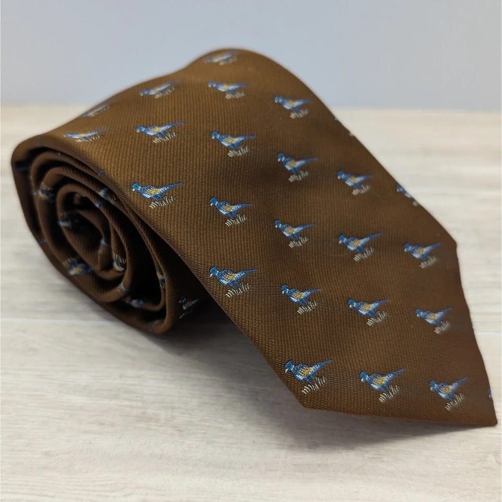 Vintage Brown Tie Blue Bird Foulard Motif – Made in Switzerland 55.5